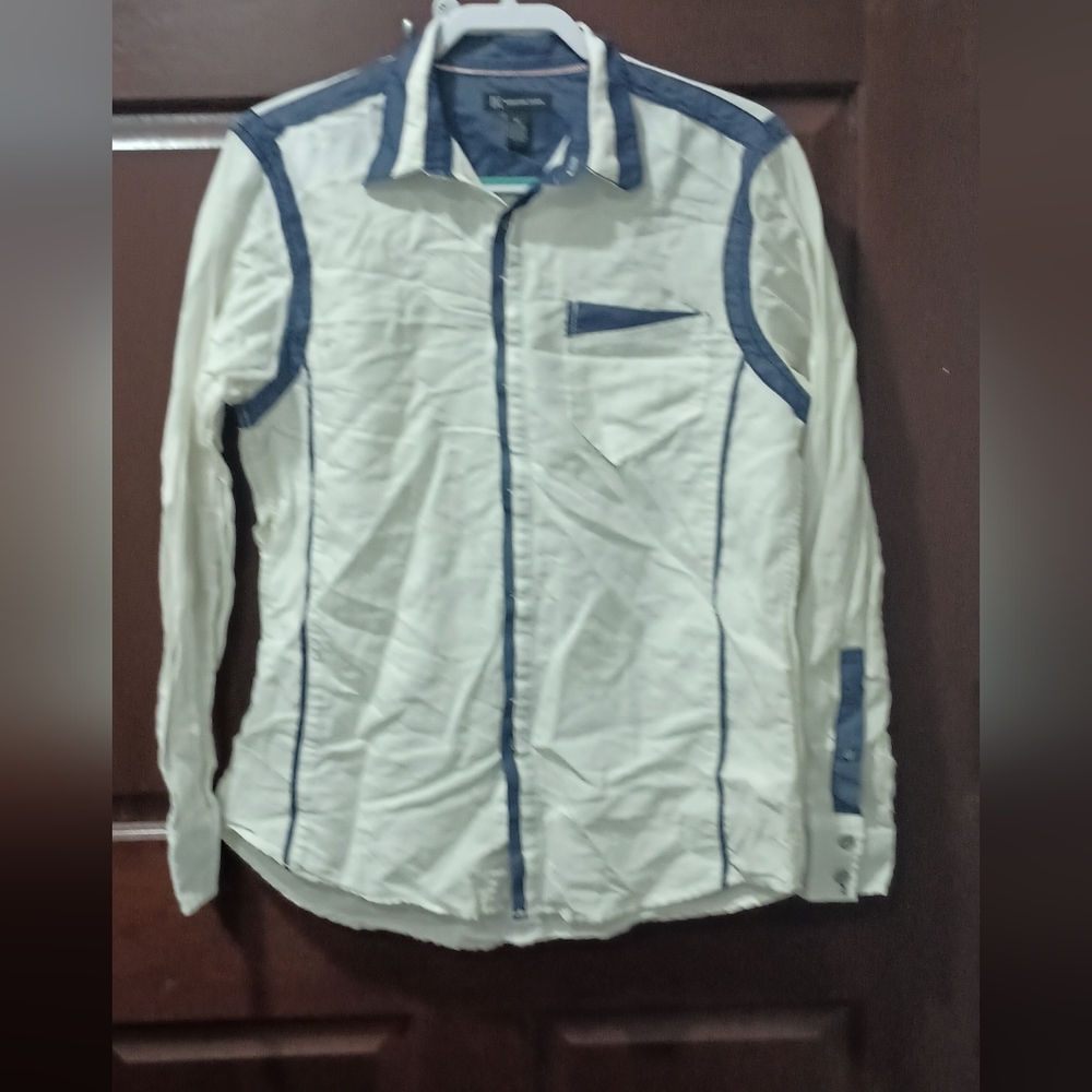 Inc International Concepts Linen Blend White Blue Casual Button Up Shirt Size M